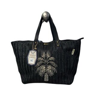 Boho Spring Break Ready Black Tote with Embroidered Palm Tree Design